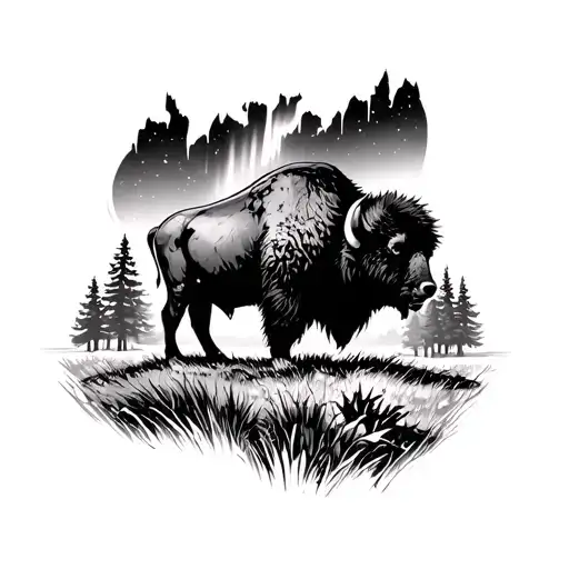 Bison Over Looking A Field With Trees And The Northern Lights And A Bear Above It