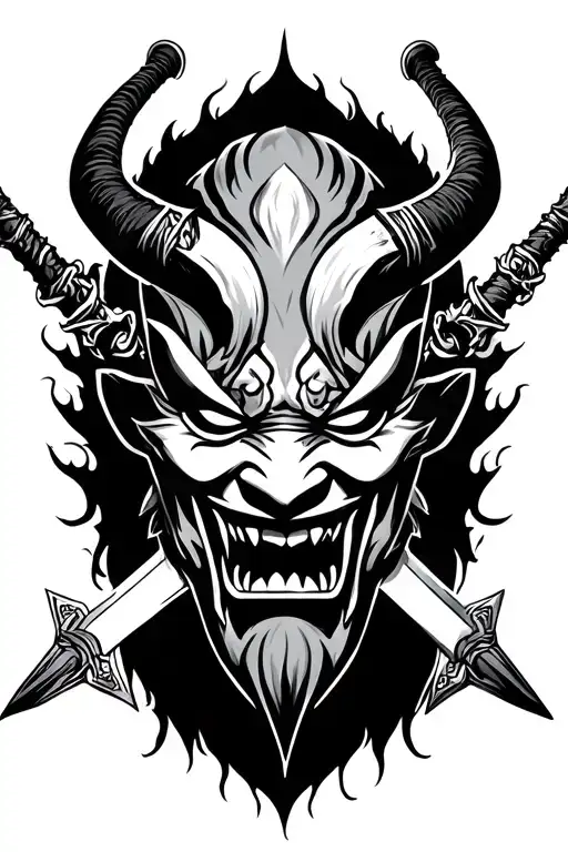 Oni Mask With Swords Going Through