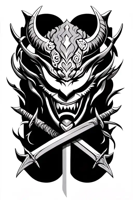 Oni Mask With Swords Going Vertical