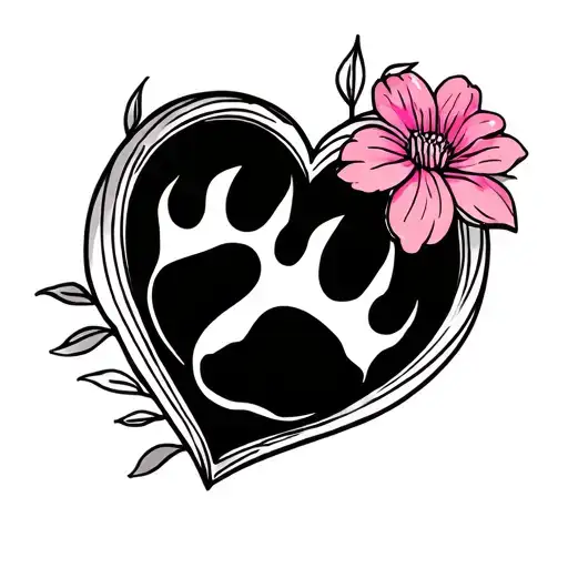 Heart With Paw Print And Pink Flower - Simple Line Design