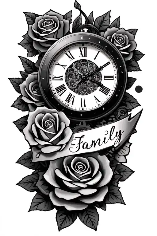 Roses Clock Gears Family Text