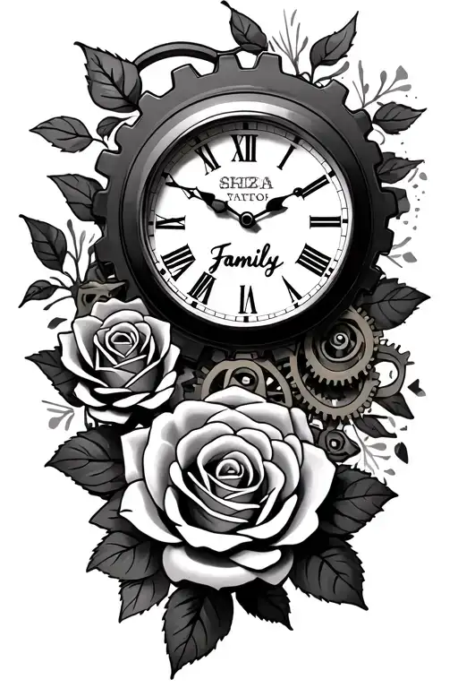 Roses Clock Gears Family Text