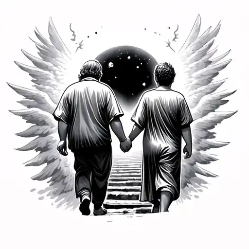 Father And Son Walking On A Stair To Heaven Holding Hands