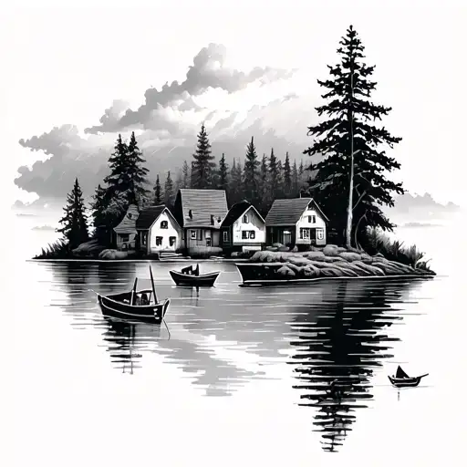 Create A Legible Lake Scene Tattoo Design Including Houses By The Lake And Small Boats In The Water
