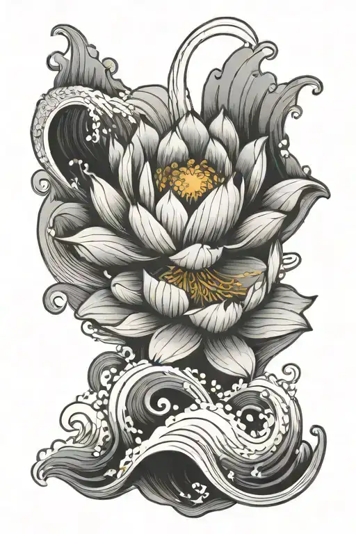 Oriental Lotus And Waves Crashing