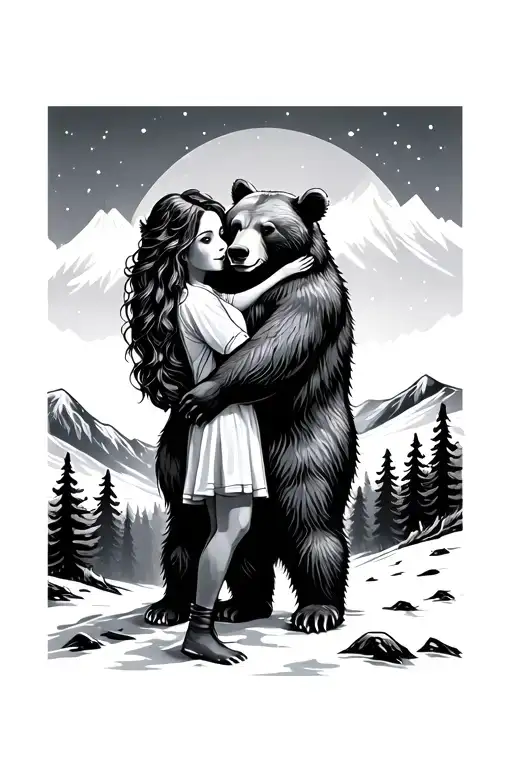 The Bear Hugs The Girl Against The Background Of The Forest In The Mountains