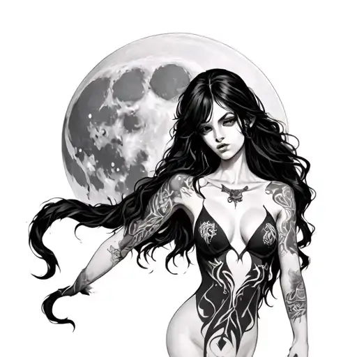 Demon Girl With Full Moon Behind Her