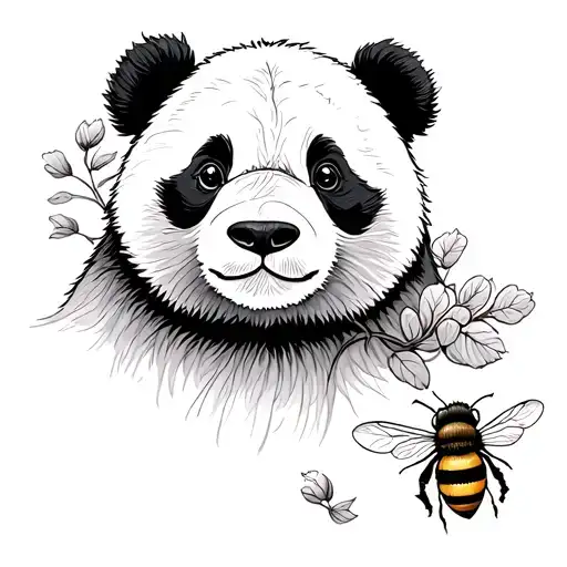 Fine Line Of A Panda With A Bee Near Its Nose