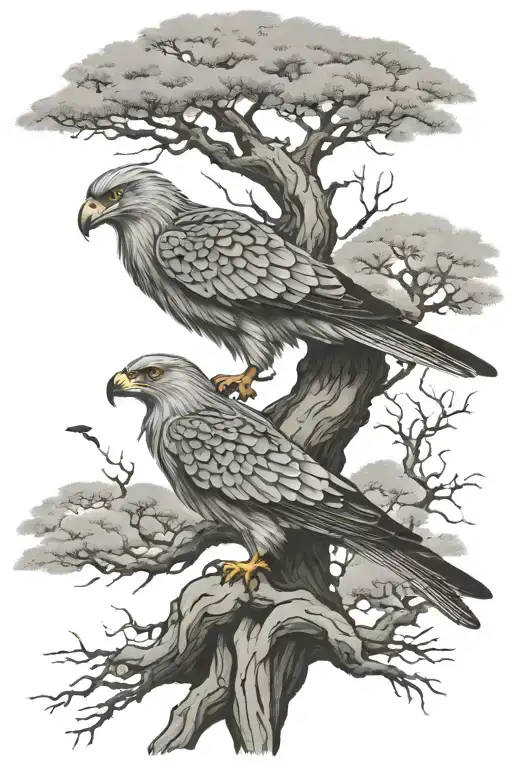 Open Wings Bird Of Prey Above Bonsai Tree