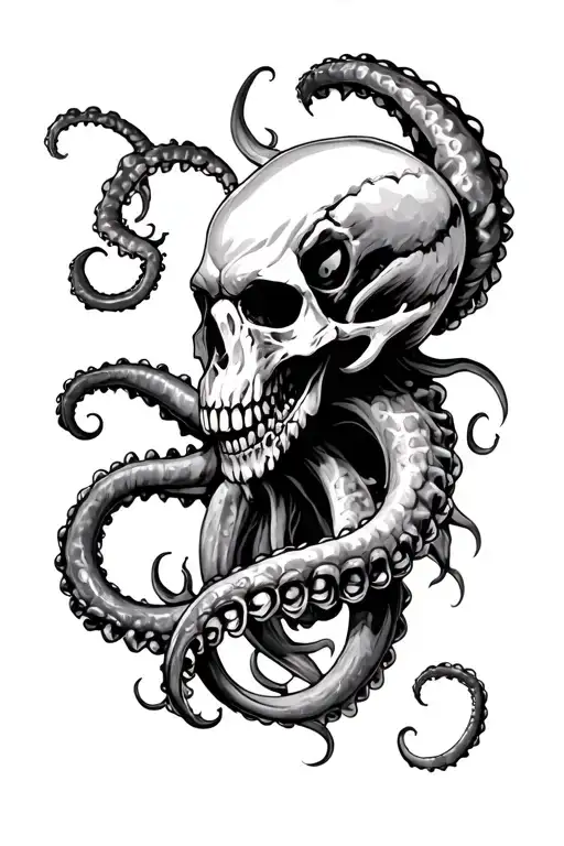 Kraken With A Skull For A Head Running Down The Length Of The Outside Forearm