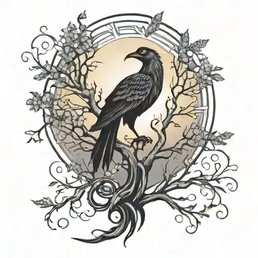 Tree Intertwined Sea Sky Sun Rising Phoenix Bird