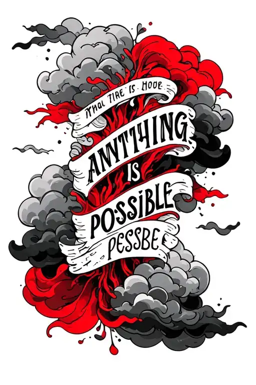 Forarm Tatoo With The Words Anything Is Possible Surrounded By Clouds With Red And Black Ink