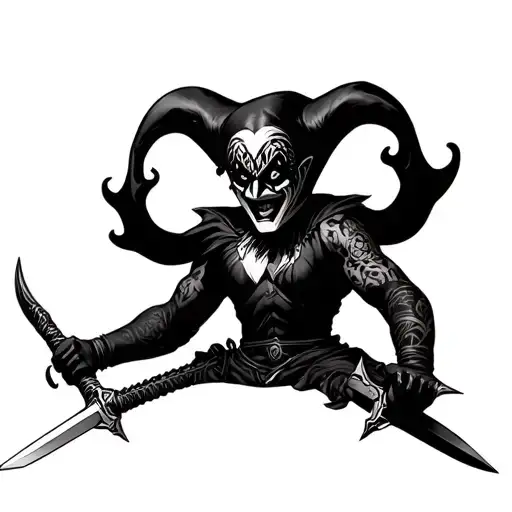 Full Body Of Frightening Jester Dual Wielding Blades All Black With Mask