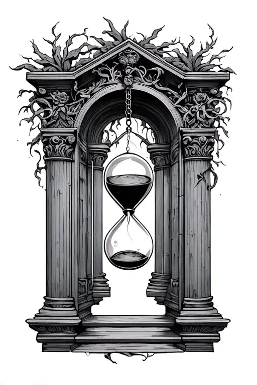 Ancient Heaven Gates With Vines Hourglass Hanging From Pillar