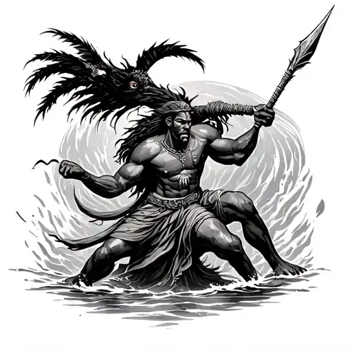 African Warrior Killing Demons With A Water Spear