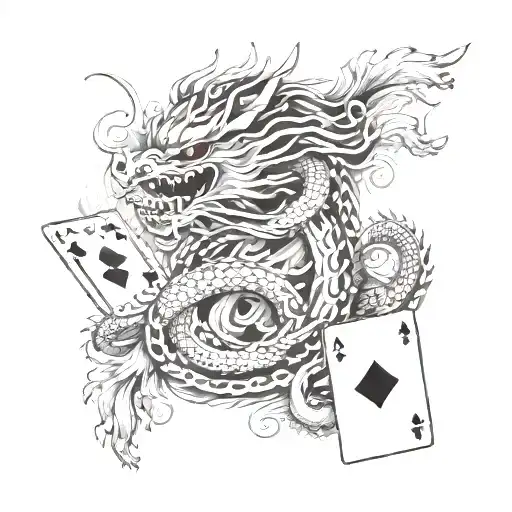 Japanese Dragon And And Playing Cards