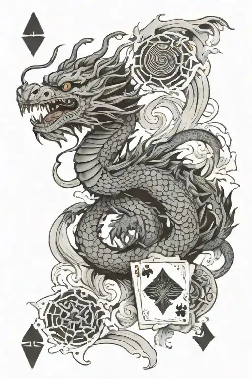 Japanese Dragon And And Playing Cards