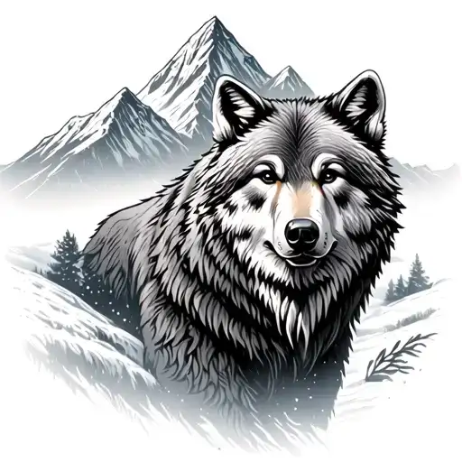 Noble Wolf And A Bear On The Background Of The Mountains