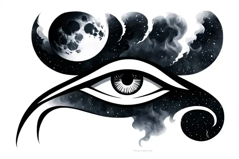 Eye Of Horus Above Anubas Black And Grey In Color Starry Dark Background With A Smoky Moon