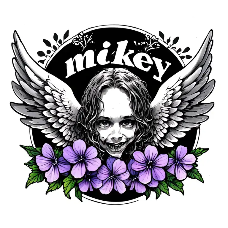 Wings And The Word Mikey In The Middle Surrounded By Violets