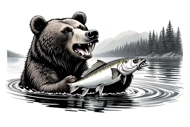 Bear In River Catching Fish In Mouth
