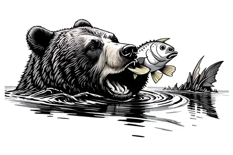 Bear In River Catching Fish In Mouth