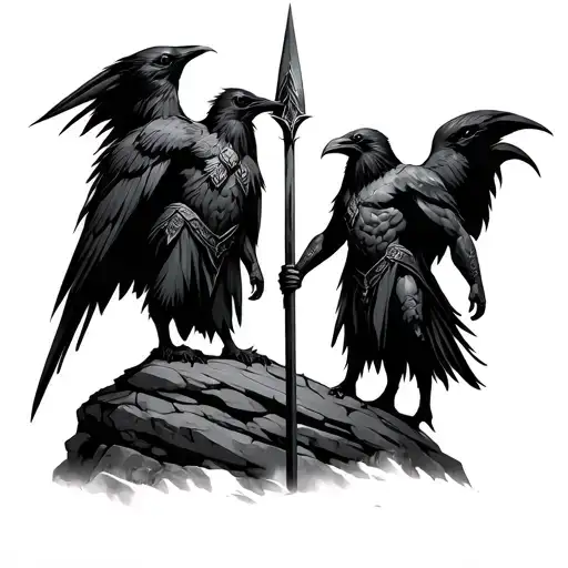 Hugin And Munin Standing On A Rock With The Spear Of Odin Standing Between Them
