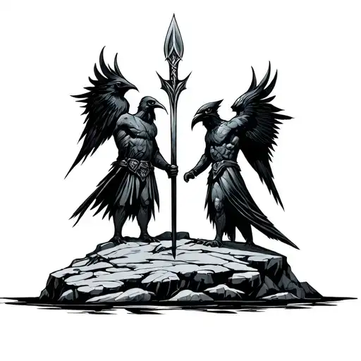 Hugin And Munin Standing On A Rock With The Spear Of Odin Standing Between Them