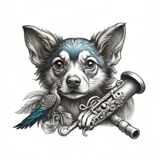 Puppy And Flute Surrounded By Peacock
