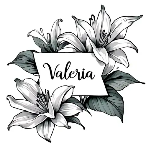 Name Tattoo Valeria With Lily Flowers Surrounding