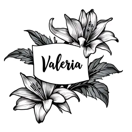 Name Tattoo Valeria With Lily Flowers Surrounding