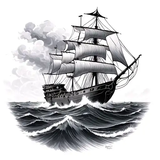Vicking Ship Sailing Through Storm With Kraken Emerging