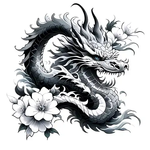 Neo Japanese Dragon With Waves And Cheery Blossom On Forearm