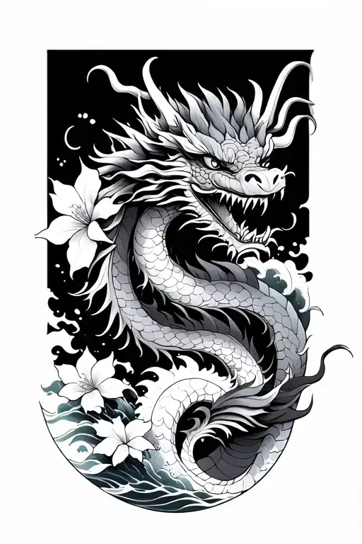 Neo Japanese Dragon With Waves And Cheery Blossom On Forearm