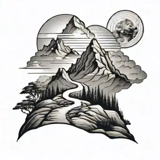 Slow And Mountain With A Path Leading Towards With A Sunrise