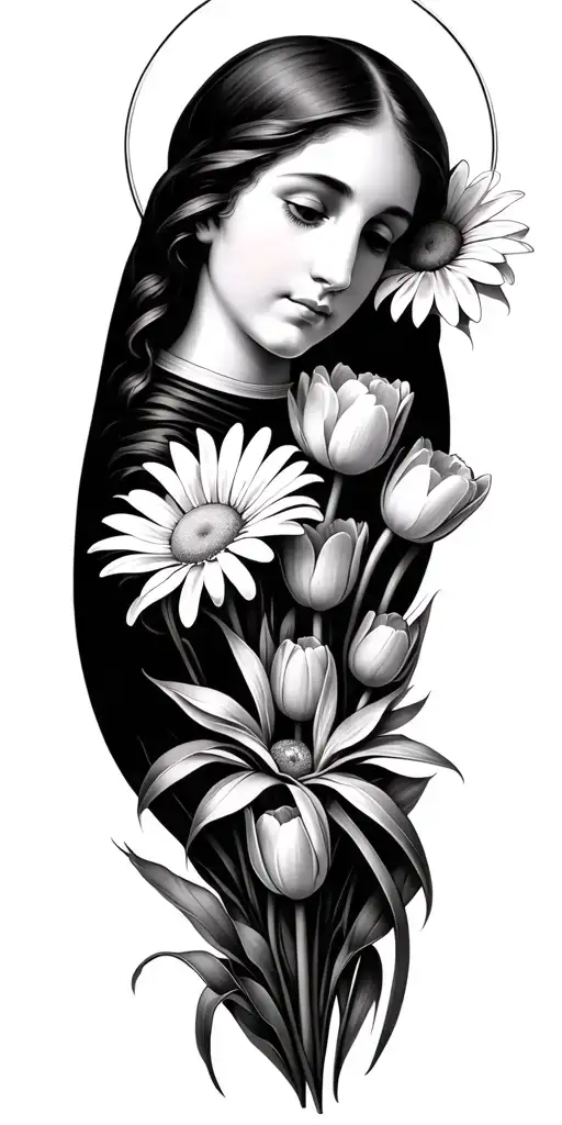 A Garden Of Daisy And Tulips With A Saint Cecilia