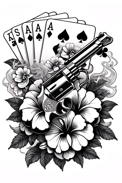 Revolver With Playing Cards Hibiscus Flowers And Dice With Smokes Surronding It