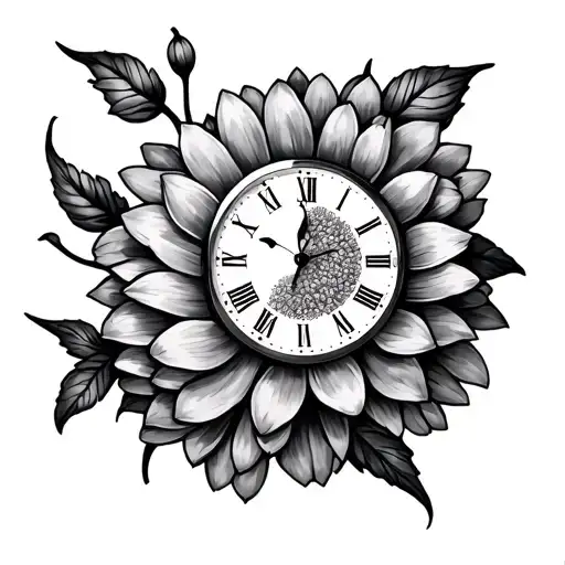 Clock Chrysanthemum Flower Sleeve Tattoo Featuring