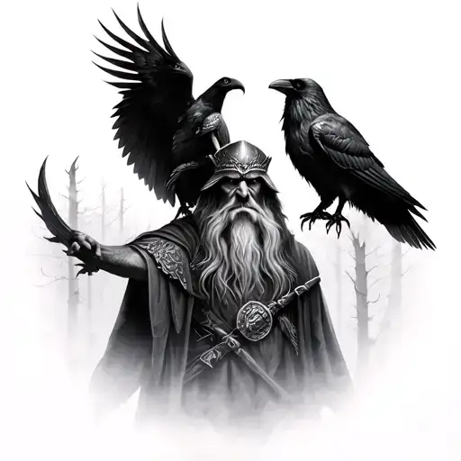 Odin And His 2 Raven In The Foggy Forest