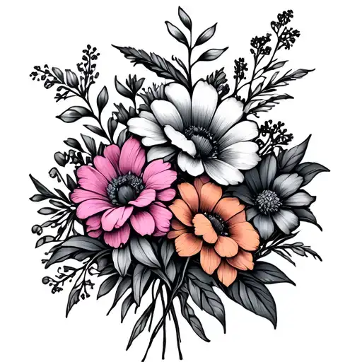 Colorful Flowers Bouquet Fine Line