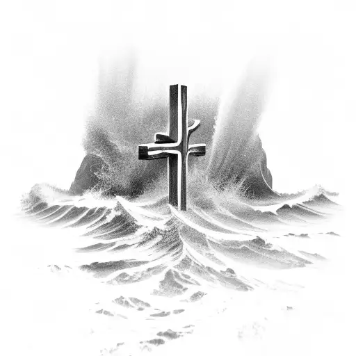 A Christian Cross Being Hit By Waves But Standing Strong