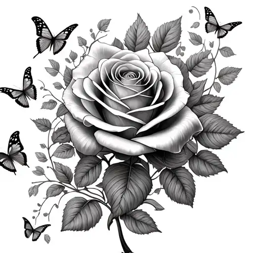 Wood Grain Rose With Vine Wrapping Around And Lots Of Butterflies Coming From Roses