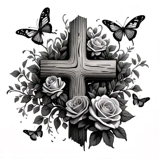 Wood Grain Cross With Vine Wrapping Around And Lots Of Butterflies Coming From Roses