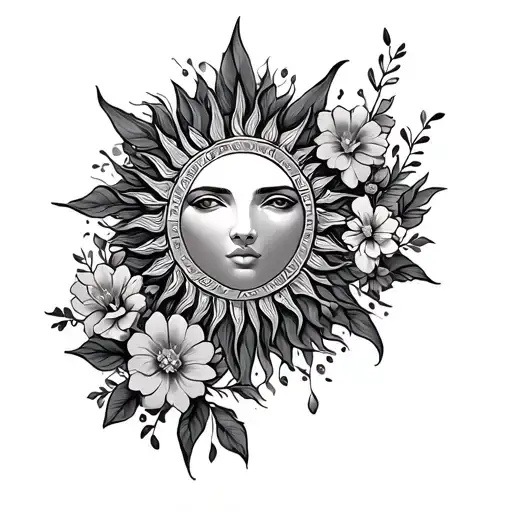 Sleeve With Aesthetic Spiritual Sun On Shoulder And Flowers