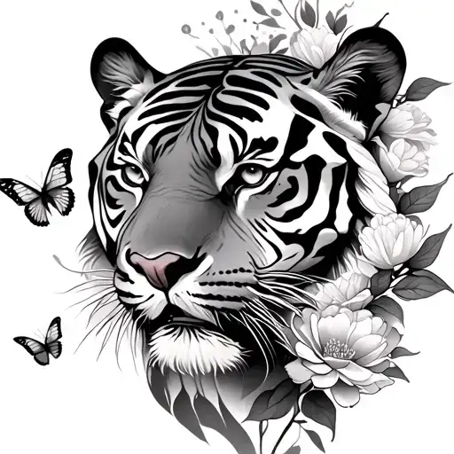 Body Of A Tiger With Peonie Flowers And Butterflies