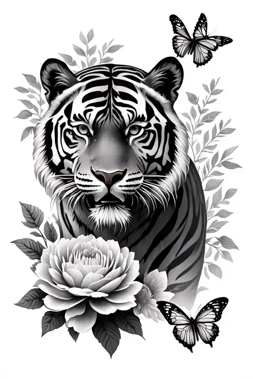 Body Of A Tiger With Peonie Flowers And Butterflies