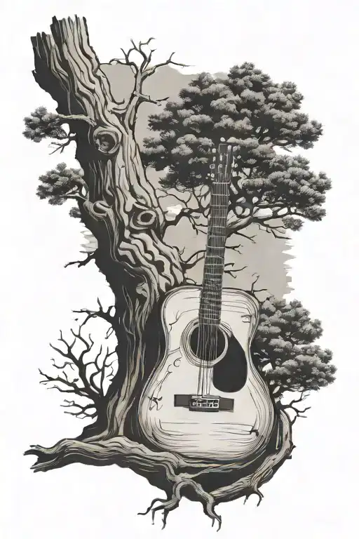 Ponderosa Pine Tree With Roots Deep Wrapping Around An Acoustic Guitar Below Tree