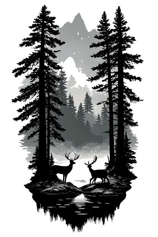 Outline Of An Island With Two Deers In A Forest Scene