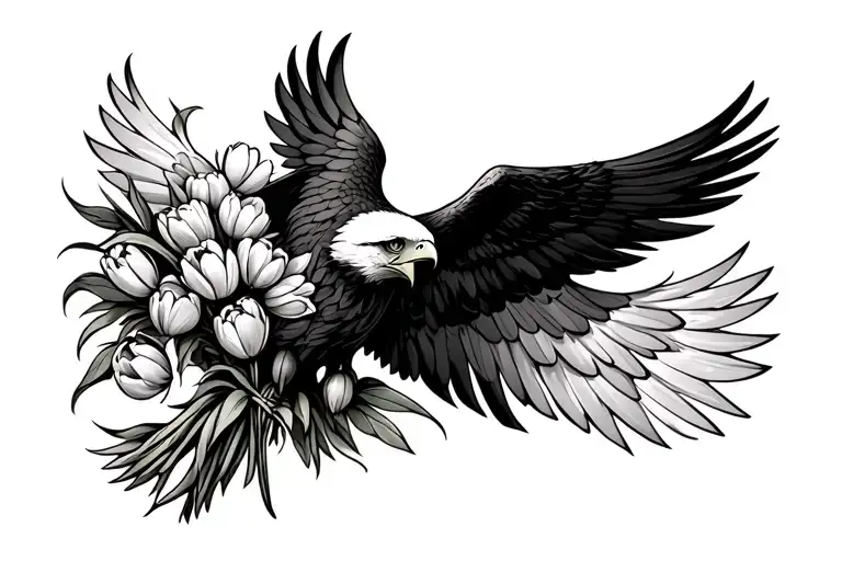 Eagle With Wings Spread Carrying Tulip Bouquet Surrounded