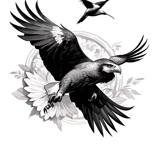 Eagle Flying With Hummingbird Hovering